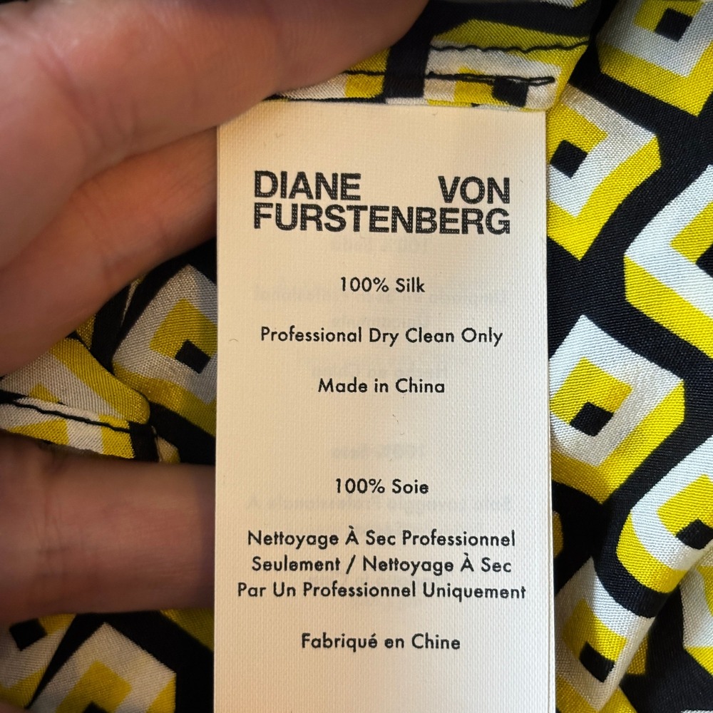 Diane von Furstenberg Silk Yellow Black Geometric Print‎ Long Sleeve Romper Sz L - Picture 7 of 11
